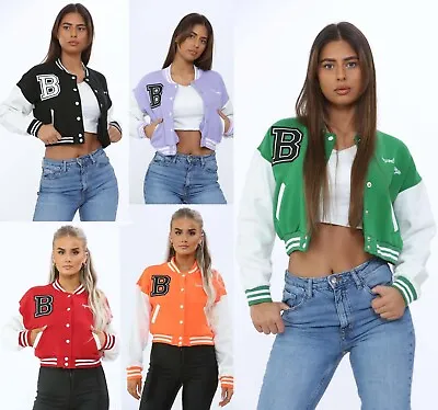Buy Women Cropped Baseball Button Up Varsity Jacket Long Sleeve Bomber Street Wear • 14.75£