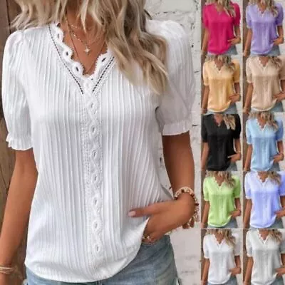 Buy Plus Size Womens V Neck Summer Ladies T-Shirt Blouse Short Sleeve Tops Pullover • 9.99£
