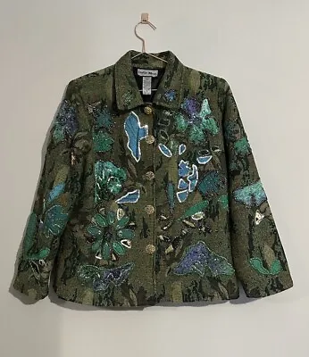 Buy Indigo Moon Green Blue Embellished Sequin Tapestry Floral Boho Jacket S Vintage • 25£