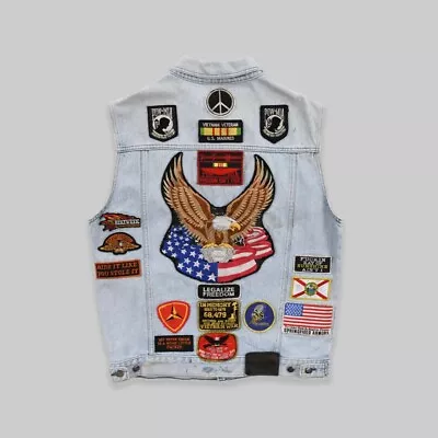 Buy Vintage Harley Davidson US Marine Veteran Denim Biker Vest Battle Jacket Large • 66£