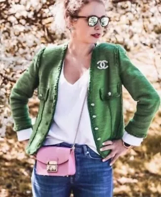 Buy Bnwt Zara Green Boucle Textured Fringe Hem Gem Stone Button Blazer Jacket - S • 69.99£