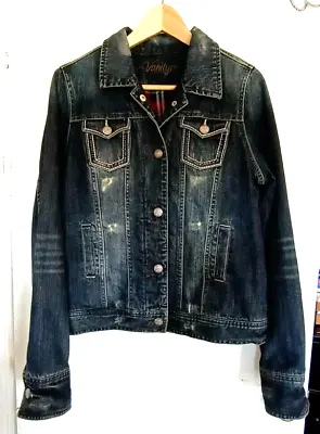 Buy Vanity Women  Long Sleeve Distressed Denim Jacket Flannel Quilted Lining Size L • 7.60£