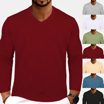 Buy Mens V Neck Pullover Solid Long Sleeve T Shirt Skinny Slim Casual Blouse Top Tee • 12.59£