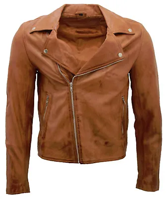Buy Men's Tan Retro Brando Rock Slim Fit 100% Nappa Leather Biker Jacket • 80.99£
