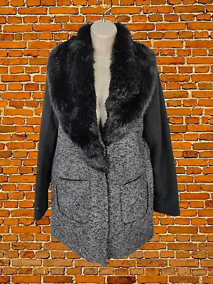 Buy Womens South Black / Grey Woven Fur Collar Coat Jacket Lined Smart Size Uk 10 • 14.99£
