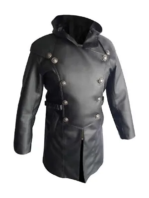 Buy Mens Genuine Leather Coat Goth Matrix Steampunk Trench Style Hooded Coat Jacket • 97.99£