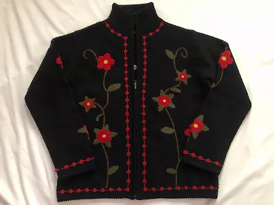 Buy PURE & SIMPLE WAY OF LIFE BLACK WOOL Poppy FLORAL EMBROIDER ZIP CARDIGAN Sweater • 15.20£