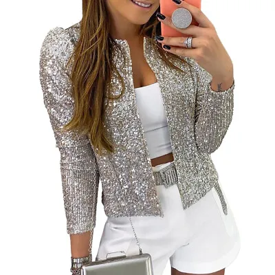 Buy Womens Glitter Shrug Jacket Ladies Beaded Long Sleeve Cardigan Bolero Short Coat • 13.09£