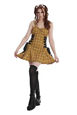 Buy Yellow Tartan Gothic Punk Rockabilly Retro Klondike Lace Up Dress BANNED Apparel • 39.99£