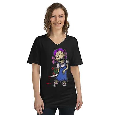 Buy Wicked Little Girl With Bloody Knife Horror Unisex Short Sleeve V-Neck T-Shirt • 26.71£