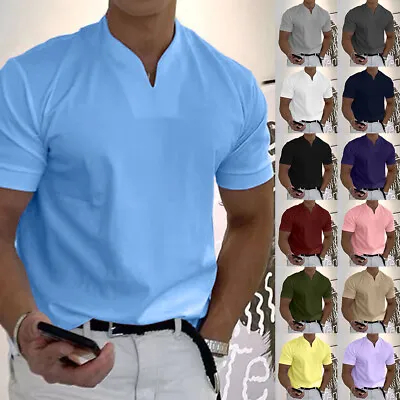 Buy Mens Plain V Neck Henley Shirts Summer Short Sleeve Loose Casual Grandad T-Shirt • 9.49£