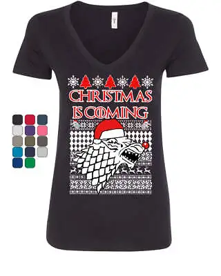 Buy Christmas Is Coming Direwolf Women's V-Neck T-Shirt GoT Parody Ugly Sweatshirt • 14.25£
