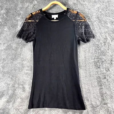 Buy WITCHERY Womoens Top Size XXS Black Stretch Knit Lace Short Sleeve Round Neck • 12.62£