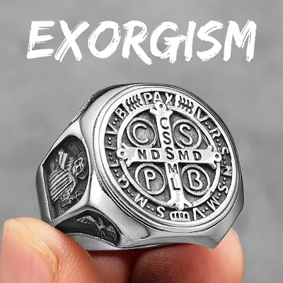 Buy Catholic Saint Benedict Exorcism Amulet Men Rings Stainless Steel Size 7-13 • 10.61£
