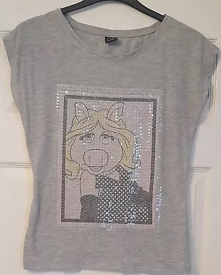 Buy Disney Womens Miss Piggy Sequin Design Grey T Shirt Size 10 Cropped Sleeves • 4.99£