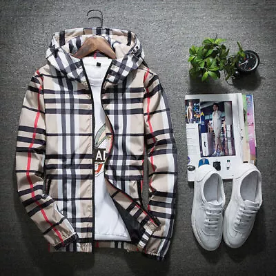 Buy Plaid Jacket Cool Men Hooded Coat Spring Autumn Fashion Clothing Zip Top 2024 UK • 26.04£