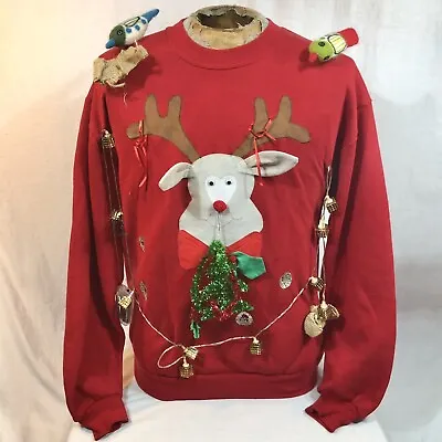 Buy Reindeer Ugly Christmas Sweater Tacky Light Up Red Adult Size Large Jerzees • 27.73£