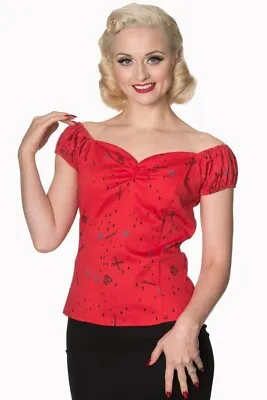Buy DANCING DAYS By Banned Apparel Red Vanity Print Retro Sweetheart Top Sz M 10-12 • 25.27£