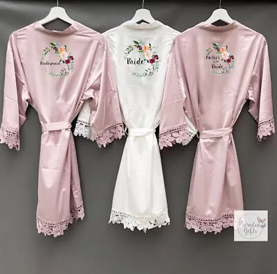 Buy Lace Personalised Bridesmaid Floral Bridal Wedding Satin Kimono Robe Short PJS • 13.64£