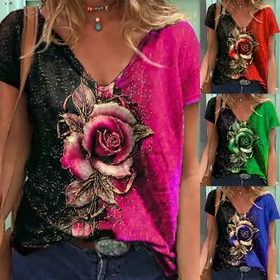 Buy Womens Gothic Floral V Neck T-Shirt Ladies Summer Casual Loose Tops Blouse Tee • 1.99£