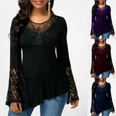 Buy Women Lace Floral Long Bell Sleeve Tunic Tops Ladies Casual Loose T Shirt Blouse • 12.59£