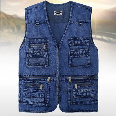 Buy Mens Multi Pocket Denim Vest Sleeveless Trucker Biker Jeans Waistcoat Gilet UK • 12.55£