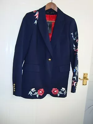 Buy Zara  🌸 Navy Embroidered Blazer Jacket Size L • 16£