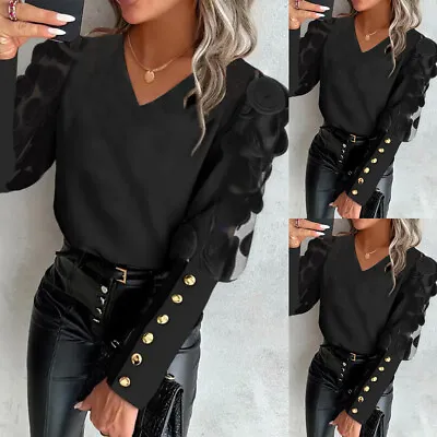 Buy Womens Mesh Long Sleeve Tunic Tops Ladies V Neck Party Evening T Shirt Blouse 12 • 3.69£