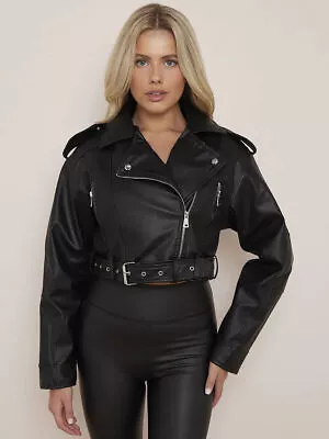 Buy Women’s Ladies Biker Faux Leather Jacket Cropped Short Belted Zip Up Coat 8-14 • 29.99£