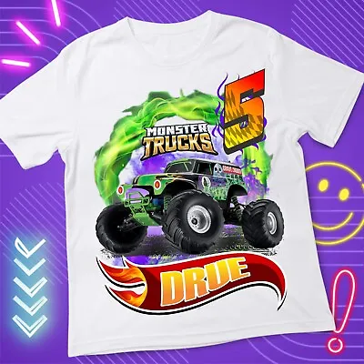 Buy Monster Truck Grave Digger Birthday Custom T Shirt Kids Size 4 White Crew Neck • 4.73£