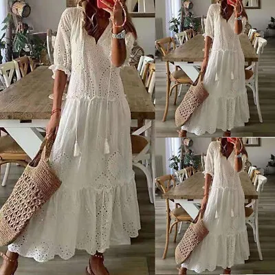 Buy Womens Boho Lace Hollow Maxi Dress Ladies Summer V Neck Holiday Long Sundress • 4.99£