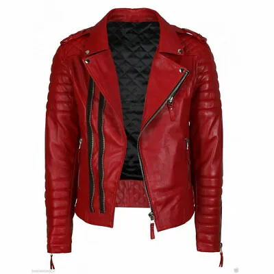 Buy Mens Real Genuine Lambskin Red Leather Jacket Slim Fit Quilted Biker Jacket • 40£