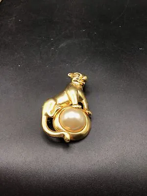 Buy Wild Cat On Pearl Brooch Matte Gold Tone Animal Jewelry 90s Classy Statement Pin • 28.91£