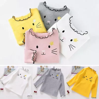 Buy Kids Girl Cute Cat Print Long Sleeve Frill T-Shirts Tops Casual Pullover Blouse. • 4.89£