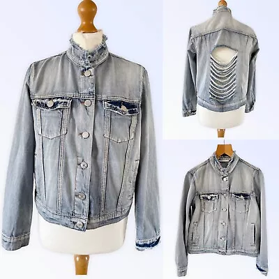 Buy Noisy May Size L Denim Jean Jacket Light Bleached Blue Distressed Ripped Indie • 6.99£