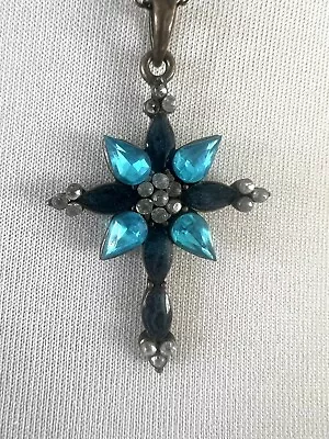 Buy Teal Jewelled Flower Cross  Pendant Arty Ethnic Lagenlook Necklace Fairy Gothic • 8.90£