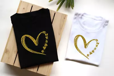 Buy Ladies Love Heart Disney Gold Glitter Black Or White T-shirt Fashion Top Holiday • 10.99£