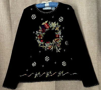 Buy Victoria Jones Sweater M Vintage Christmas Black Beaded Pearls Wreath Pullover • 25.93£