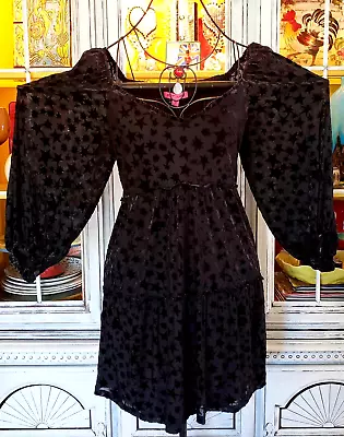 Buy Betsey Johnson Black Burnout Velvet Stars Smocked Balloon Sleeve Dress Medium • 118.11£