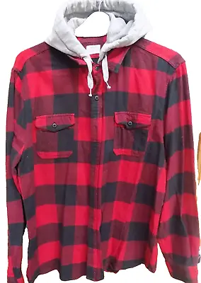 Buy  Mens SHIRT Red Check Flannel Grey Lined Hood Jacket Size XL Chest 40 Ins VGC • 10.50£