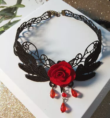 Buy Women Vintage Black Gothic Lace Red Rose Choker Bib Necklace Lady Punk Jewelry • 3.91£
