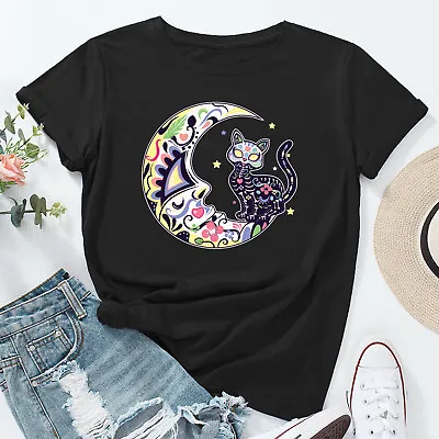 Buy Cat And Moon Sugar Skull Dia De Day Of The Dead Tee Gift Womens T-Shirt #EDM • 9.99£