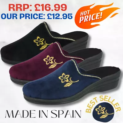 Buy Ladies Velour Embroidered Flower Wedge Slip On Hard Sole Backless Mule Slippers • 12.95£