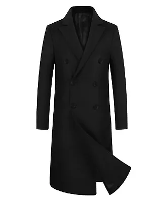 Buy Mens Long Trench Coat XXL Wool Winter Jacket Slim Fit Casual Overcoat BLACK • 24.99£