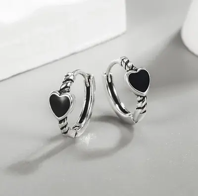 Buy 925 Sterling Silver Black Love Heart Hoop Jewellery Girls Women Earrings Gift UK • 3.99£
