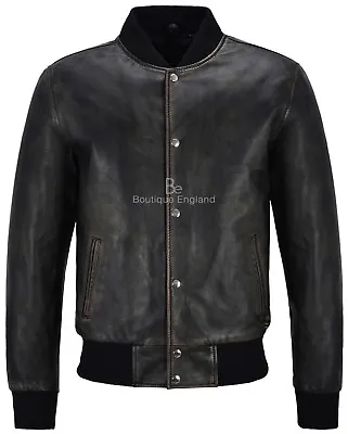 Buy Mens Varsity Leather Jacket Black Bronze Classic Bomber Style 100% Real Leather • 119.75£
