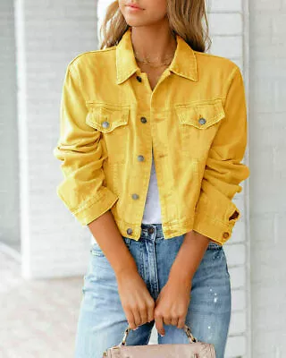 Buy Women Denim Jacket Trend UK 8-14 Short Jeans Stretch Coat Button Long Sleeve Top • 22.79£