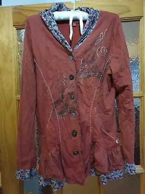 Buy Gorgeous Joe Browns Boho Brick Red Soft Cotton Jersey Jacket Floral Trim Size 14 • 10£