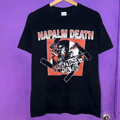 Buy Gildan Napalm Death Nazi Punks Fuck Off Band T-shirt Black Red Size Medium 2003 • 35£