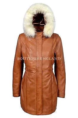 Buy Ladies Real Leather Jacket Tan Napa Classic Mid Length Fur Hooded Coat Celia • 129.72£